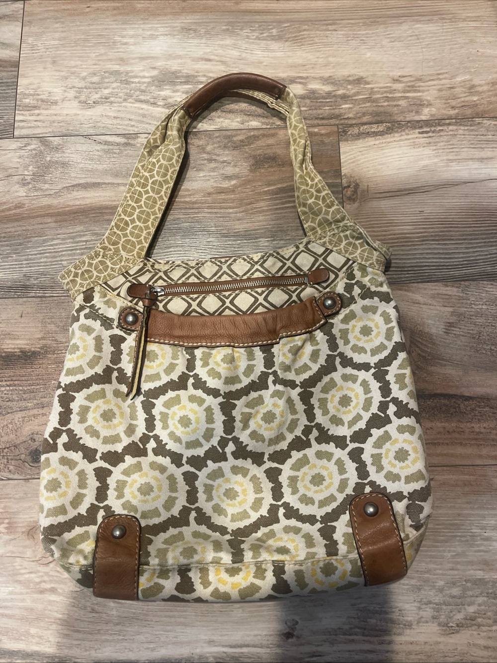 Fossil Original Brand Canvas Brown Floral Shoulder Bag Multicolor Leather Trim